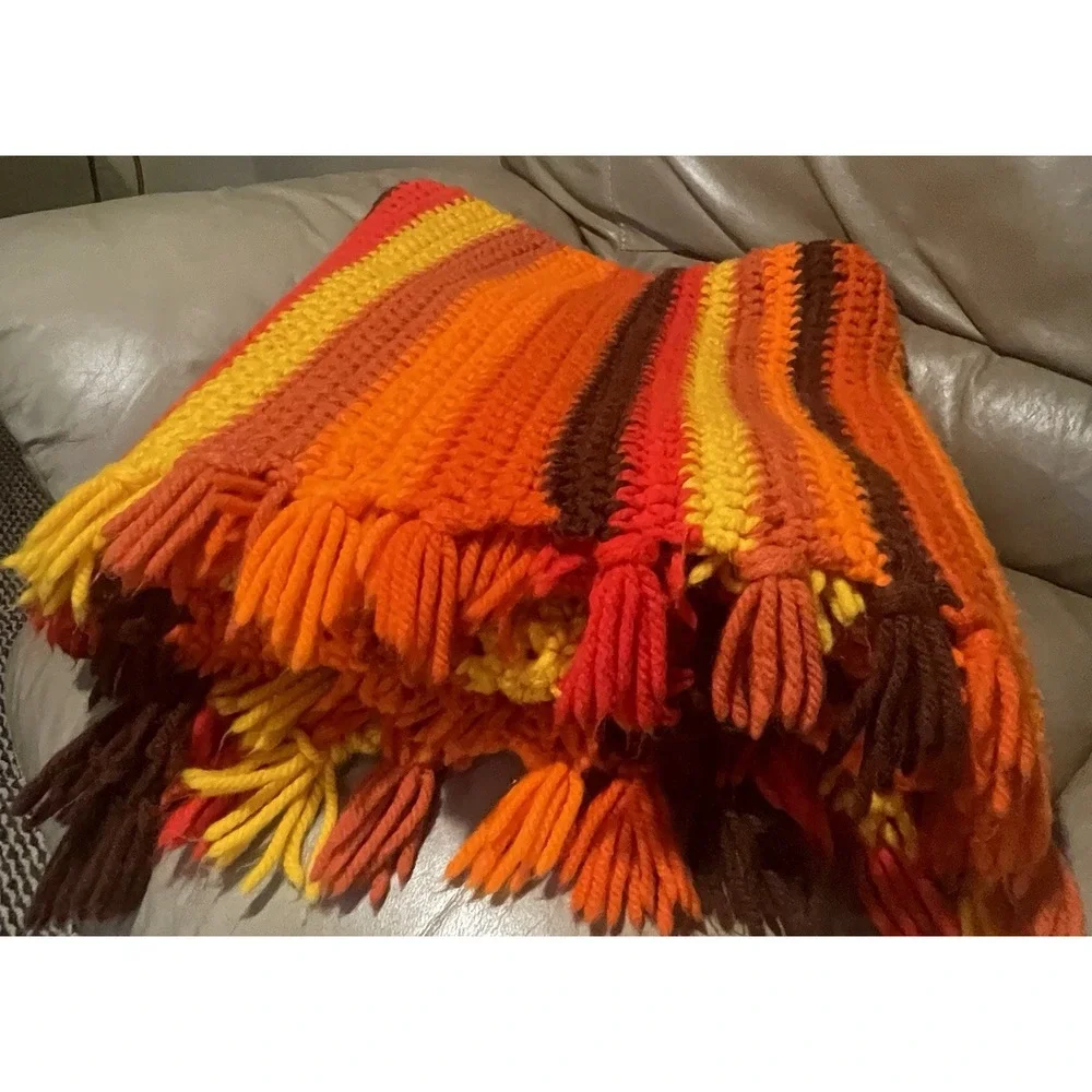 Handmade crochet 70s Afghan Blanket Orange Brown Yellow 47